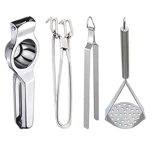 Stainless Steel Lemon Squeezer & Pakkad & Roti Chimta & Potato Masher For Kitchen, Set of 4, OC-048