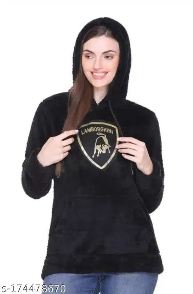 Woolen Full Sleeves Hooded Sweatshirt for Women (Black, XL)