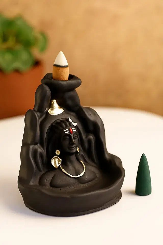 Resin Shiva Murti Showpiece with 50 Pcs Backflow Smoke Cones, Black, Set of 1