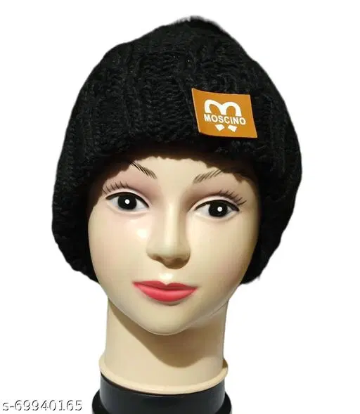 Woolen Cap for Women (Black, Free Size)