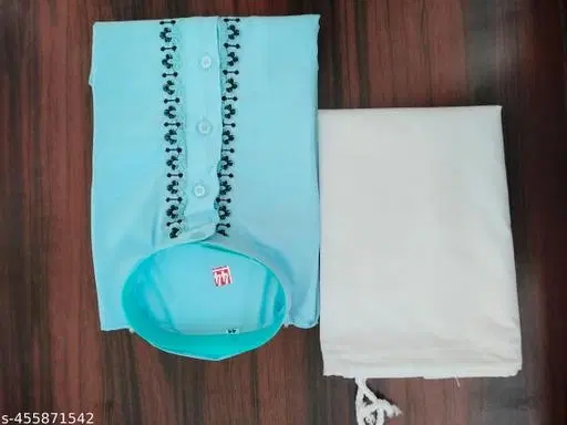 Cotton Solid Kurta Set for Men, White & Sky Blue (M)