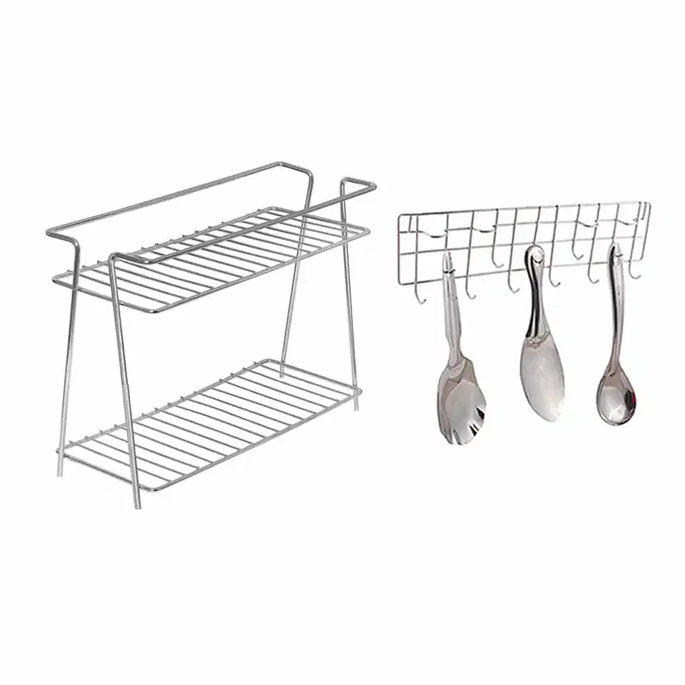 Oc9 Stainless Steel Spice Rack 2 Shelf & Wall Mounted Ladle Hook Rail For Kitchen