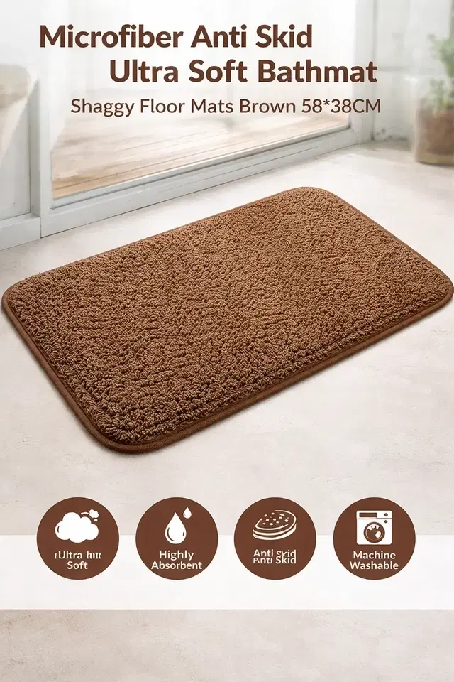 Microfiber Anti Skid Ultra Soft Bathmat and Shaggy Floor Mats Brown 58*38CM