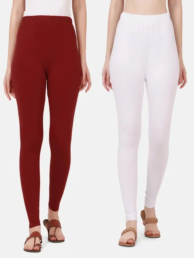 Cotton Solid Leggings for Women, Pack of 2 (Maroon & White, M)