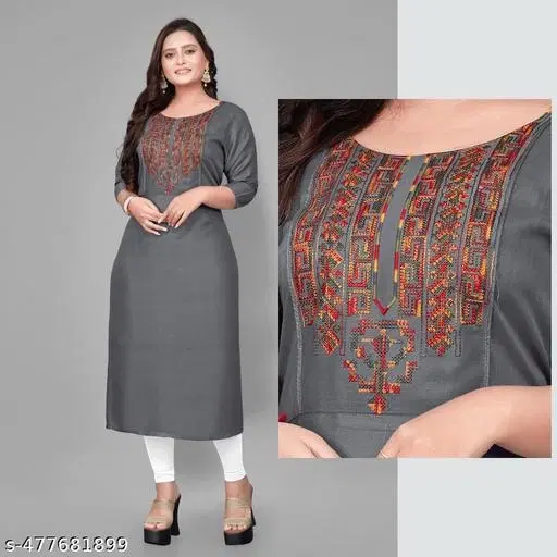 Solid Embroidered Rayon Kurti for Women (Grey, M)