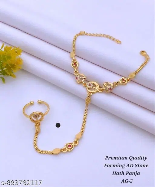 Hathpanja Bracelet with Joint Ring for Women (Gold, Free Size)