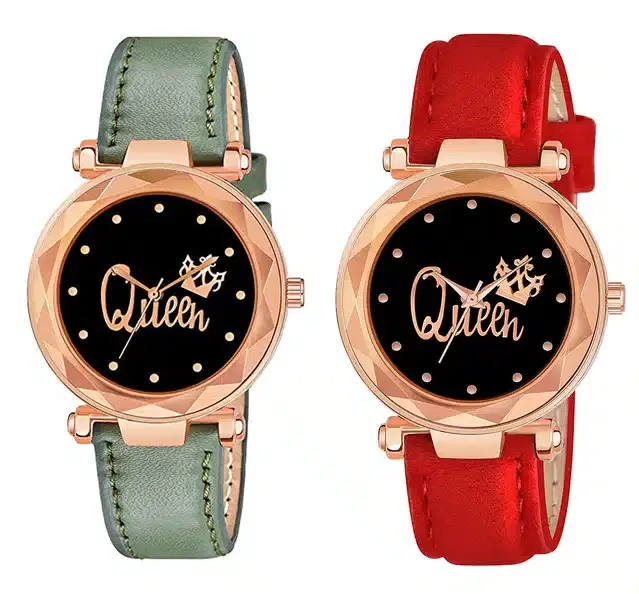 Designer Leather Analog Watch for Women & Girls, Pack of 2 (Green & Red)
