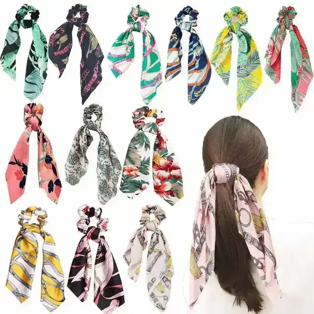 K Kudos Silk Elastic Hair Bands Scarf Ponytail Holder Scrunchy Ties Vintage Accessories For Women (5 Pc)