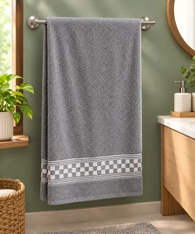 SimpleHome Checker Border Bath Towel68x137cm 450gsm Cotton Blend 60:40 (Co:Poly) Grey