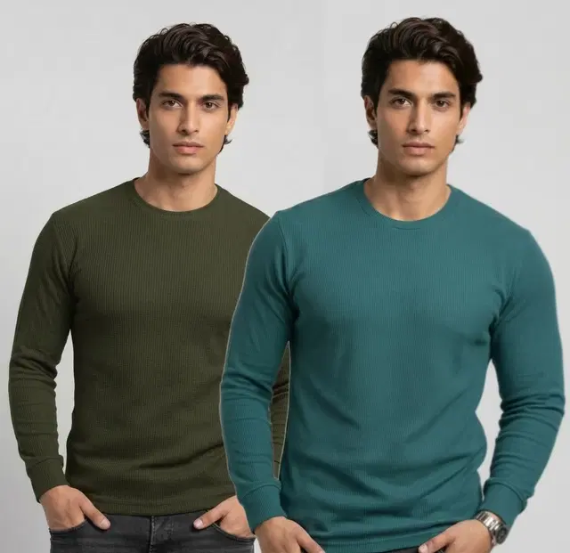 Polyester T-shirt for Men, Olive & Teal, Pack of 2 (M)