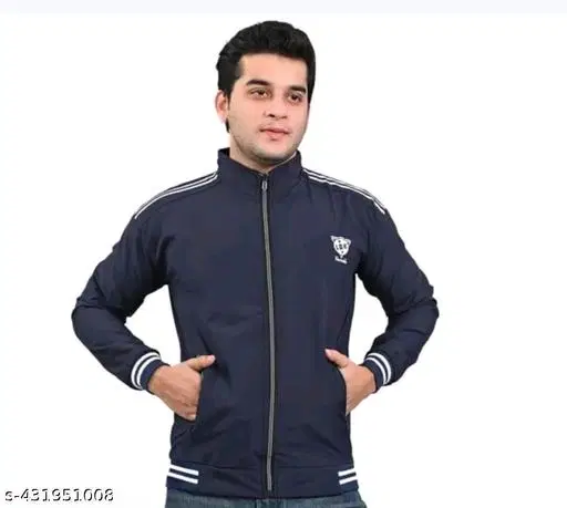Polyester Solid Jacket for Men (Navy Blue, L)