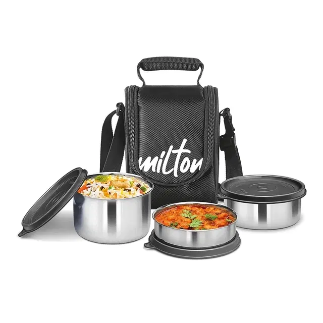 Milton Tasty 3 Lunch Box with Insulated Fabric Jacket, 3 Stainless Steel Containers (210 ml, 340 ml, 500ml), Leak-Proof Tiffin for Office, College, Picnic, Black