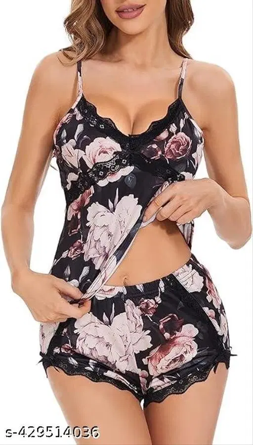 Polycotton Printed NightSuit for Women, Black (M)