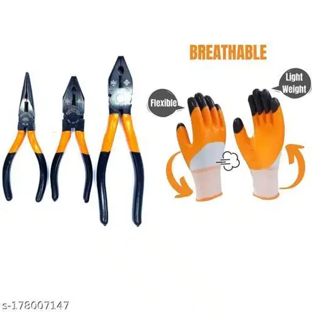 Safety Hand Gloves with Combination & Long Nose Plier, Set of 4, Orange & Black