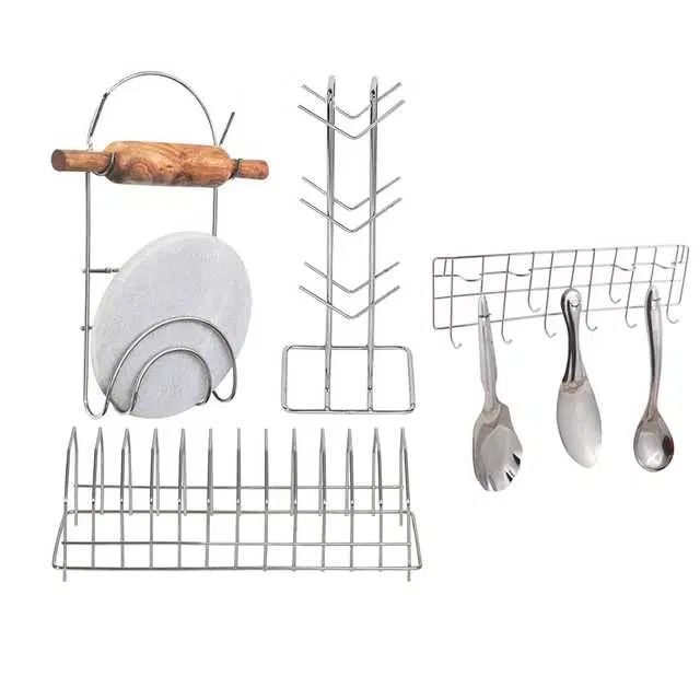 Stainless Steel Cup Stand & Plate Stand & Chakla Belan Stand & Hook Rail For Kitchen, Set of 4, OC-020
