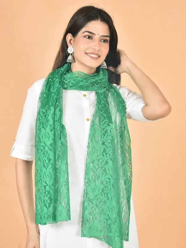 Net Self-Design Dupatta for Women (Green, 2.2 m)