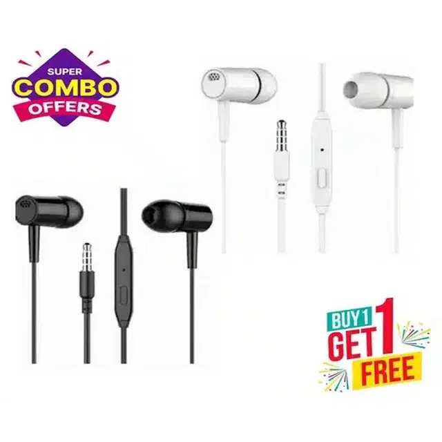 Wired In-Ear Headphones With Mic, Pack Of 2, Black & White Rb