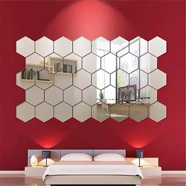 Acrylic Hexagon Shaped Wall Mirror Stickers, Silver, Pack of 38