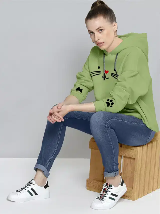 Full Sleeves Printed Hoodie for Women (Green, S)