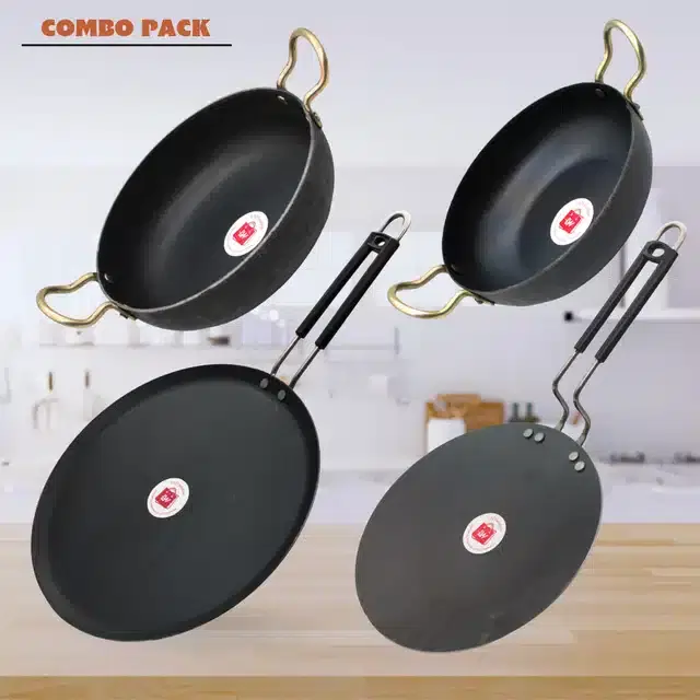 Frying Pan & Tawa Set, Pack of 4, Black, 1200 ml