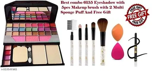 6155 Makeup kit + 5 Pieces Makeup Brush + 2 Pieces Blender Puff Combo