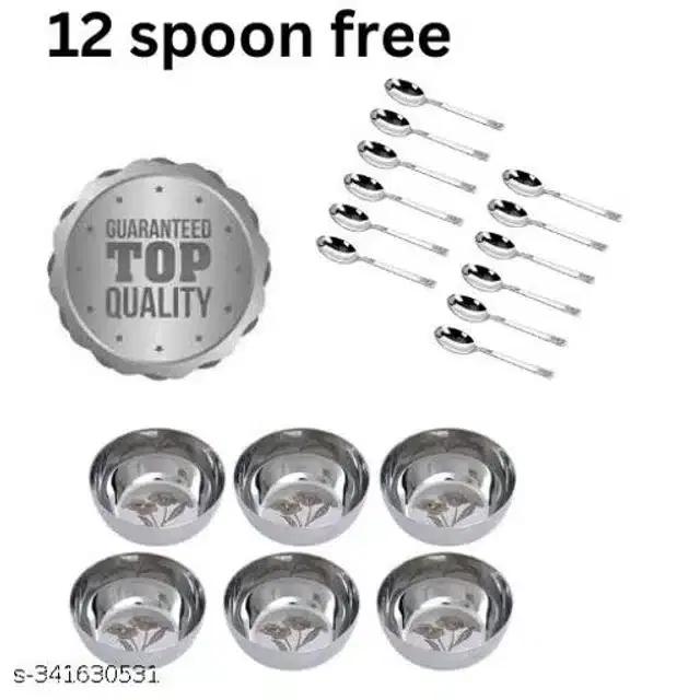 Stainless Steel 6 Pcs Bowls with 12 Pcs Spoon, Silver, Set of 2