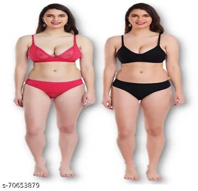 Cotton Blend Solid Lingerie Set for Women, Pack of 2 (Multicolor, 30A)