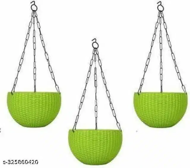Hanging Flower Pots with Metal Chain, Green, Pack of 3