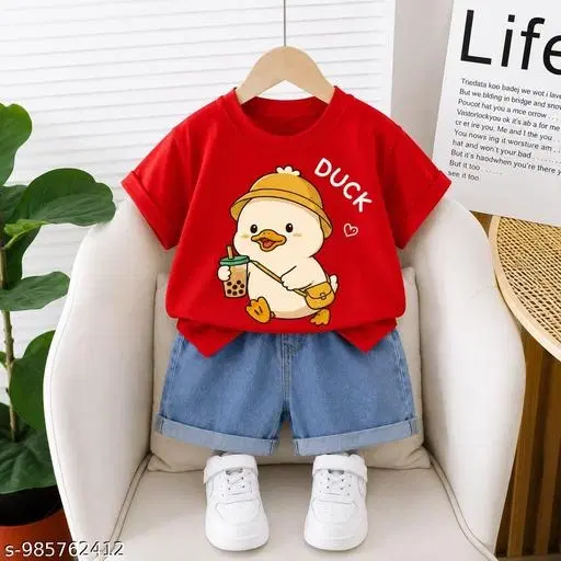 Duck Print Hosiery Cotton T-Shirt & Denim Shorts Set for Kids (Red, 0-3 Months)