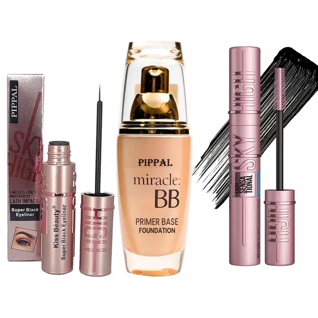 Pippal Mirecle B.B. Primer Base Foundation, 60 ml with Mascara, 12 ml & Eyeliner, 6 ml, Set of 3
