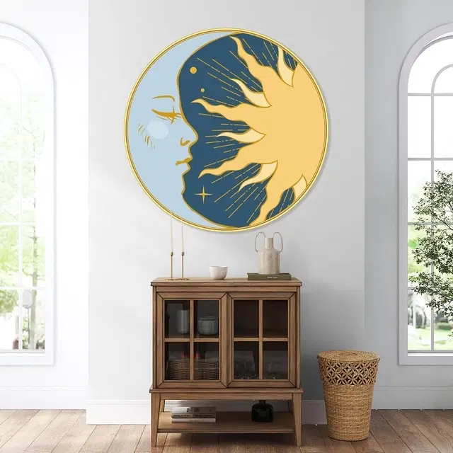 Kc Arts Sun And Moon Modern Art Premium Sparkle Lamination Golden Slim Frame 58x58 Cm