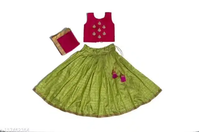Taffeta Silk Lehenga with Choli & Dupatta for Girls (Pink & Green, 6-12 Months)