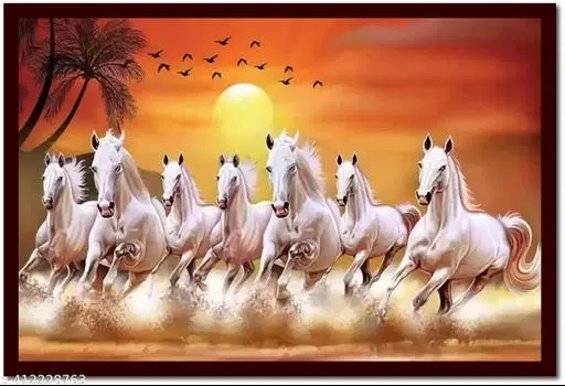 7 White Horses Wall Poster, Multicolor, 12x18 inches