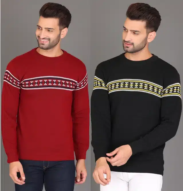 Cotton Jersey Printed Sweater for Men, Pack of 2 (Maroon & Black, M)