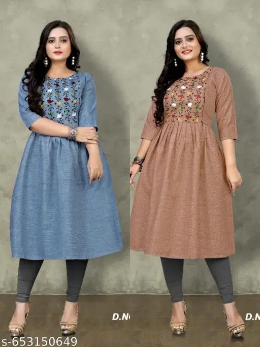 Solid Embroidered Cotton Kurti for Women, Pack of 2 (Blue, XXL)