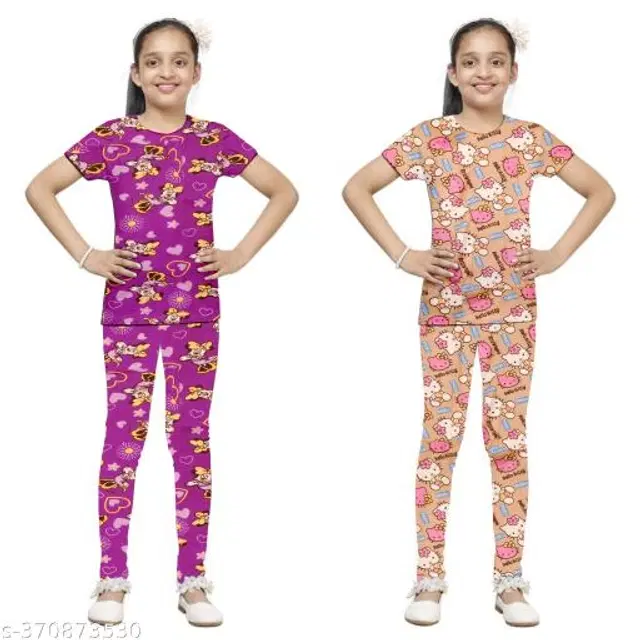 Polycotton Nightsuit for Girls, Pack of 2 (Purple & Peach, 1-2 Years)