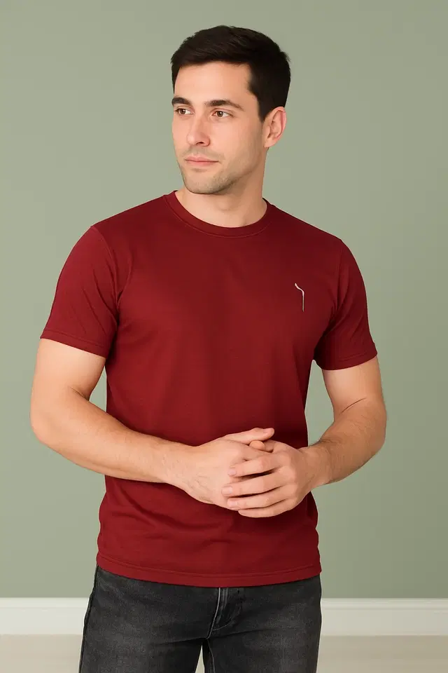 Round Neck Solid T-Shirt for Men, Maroon (L)