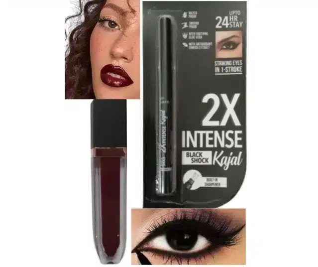 Matte Lip Gloss with Waterproof Kajal, Maroon & Black, Set of 2