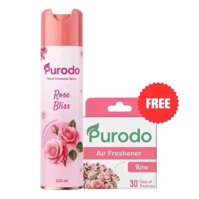 Purodo Air Freshener Spray 220ml Rose Bliss + Air Freshner Block Rose 50g (Free)