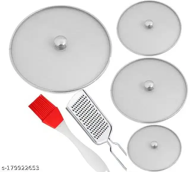 Metal Net Lids, 4 Pcs with Cheese Grater & Oil Brush, Red & Silver, Set of 6