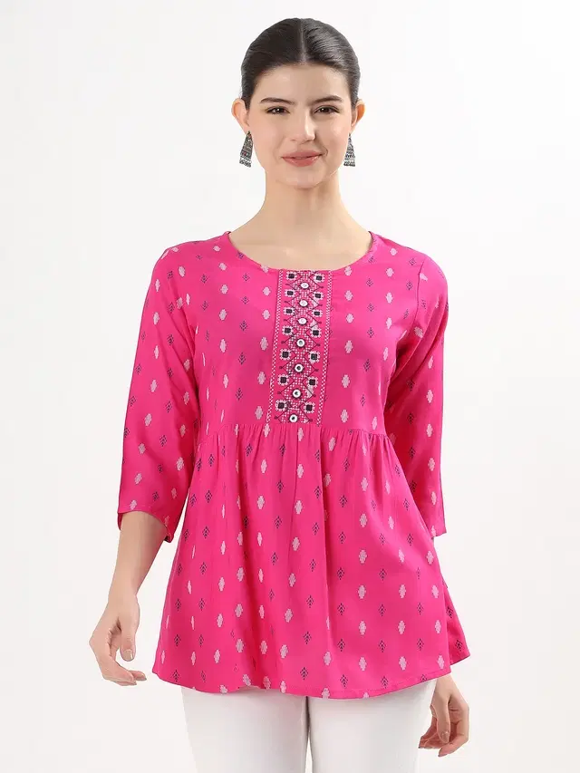 Cotton Blend Printed Top for Women, Pink (S)