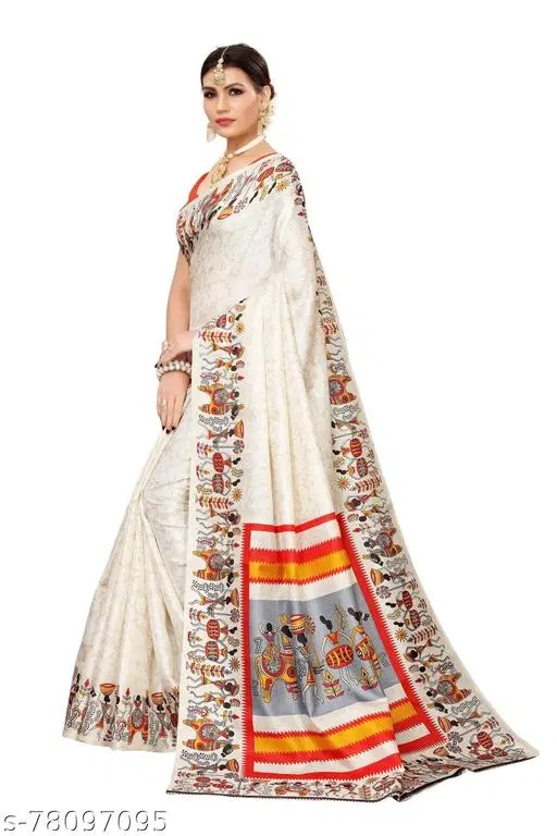 Silk Printed Saree for Women, White (6.3 m)