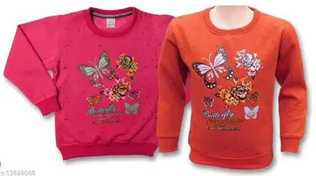 Fleece Printed Full Sleeves Round Neck Sweatshirts for Girls, Pack of 2 (Pink & Orange, 3-4 Years)