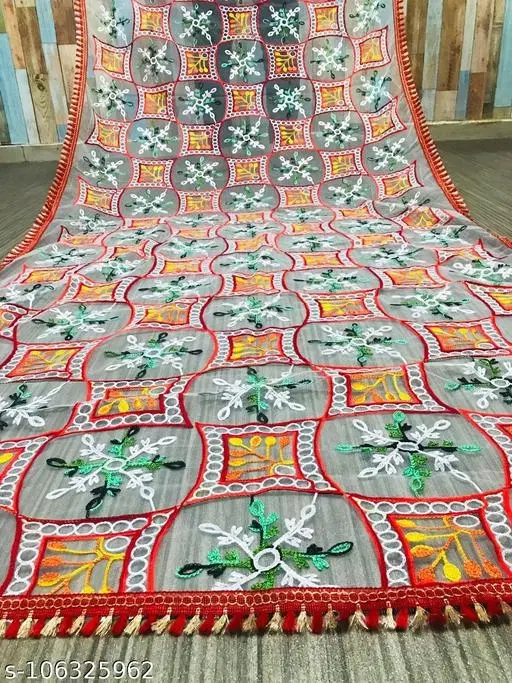 Embroidered Punjabi Net with Aari Work Sewing & Embroidery (White, Free Size)