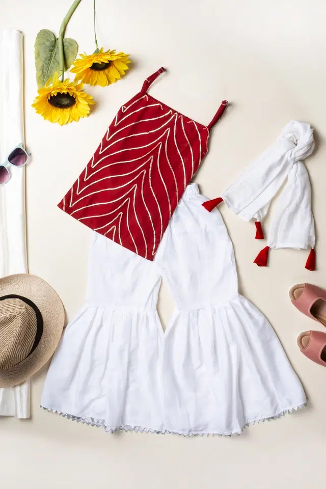 Net Embellished Kurti with Sharara & Dupatta for Girls (Red & White, 2-3 Years)