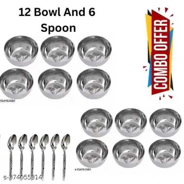 Stainless Steel 12 Pcs Bowls with 6 Pcs Spoon, Silver, Set of 2