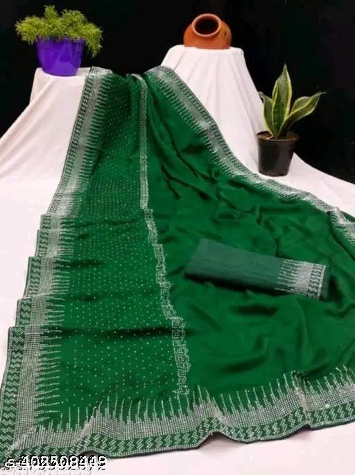 Chiffon Printed Saree For Women, Green