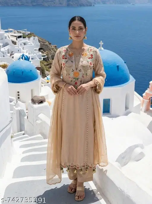 Embroidered Kurta Set for Women (Beige, S)