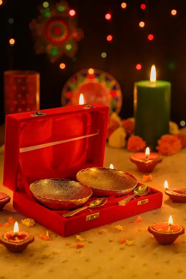 Decorative 2 piece bowl & spoon set gold shade