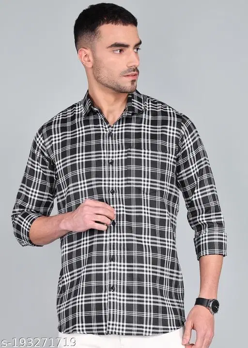 Cotton Blend Checked Shirts for Men, Black (M)
